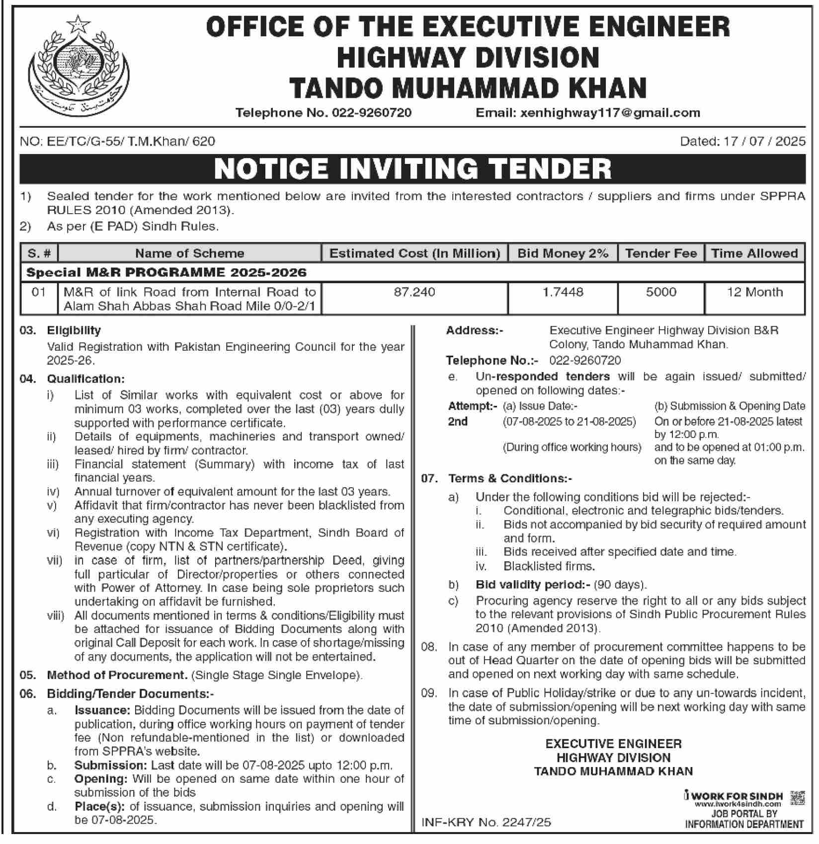 Highway Division Tando Muhammad Khan Tender Notice